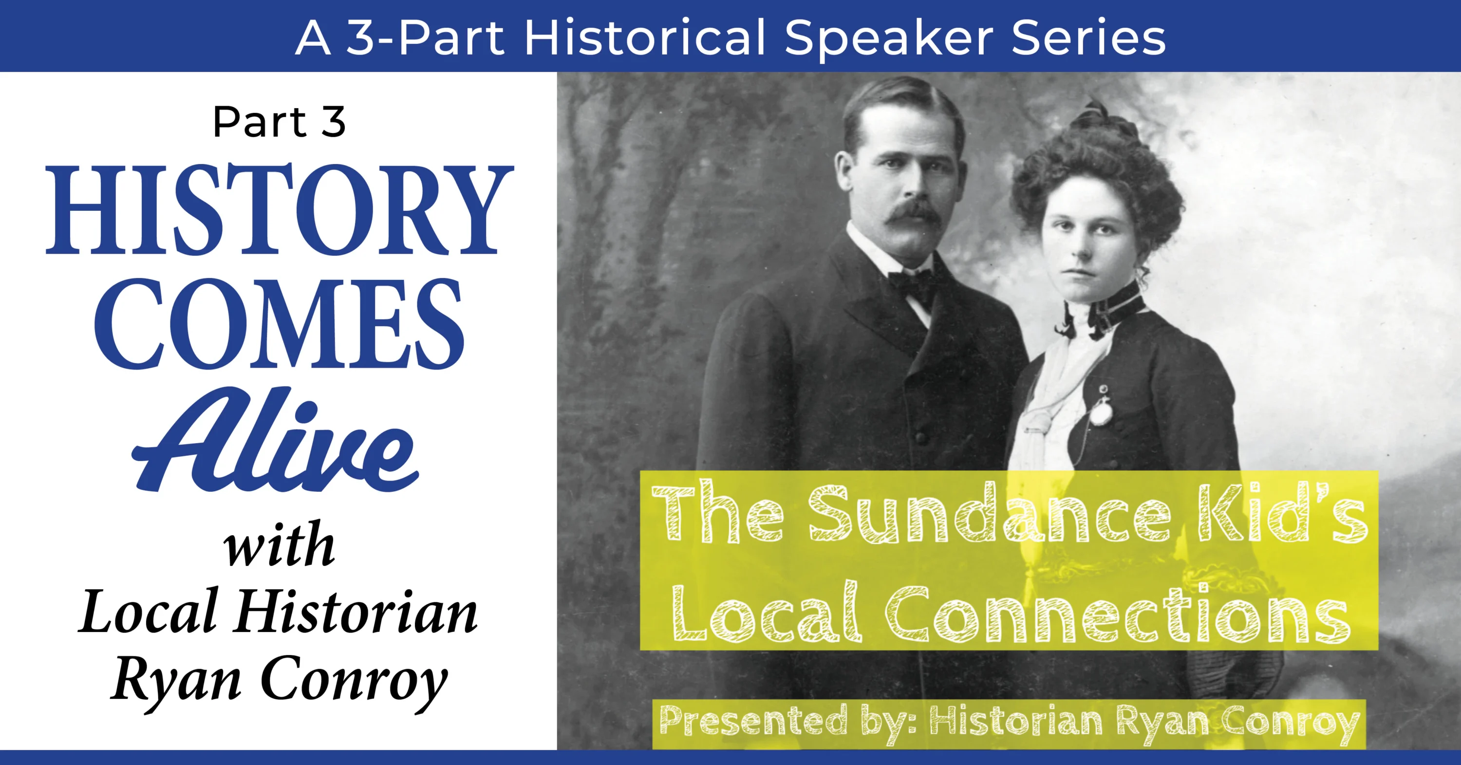 Historical speaker series poster with vintage couple photo