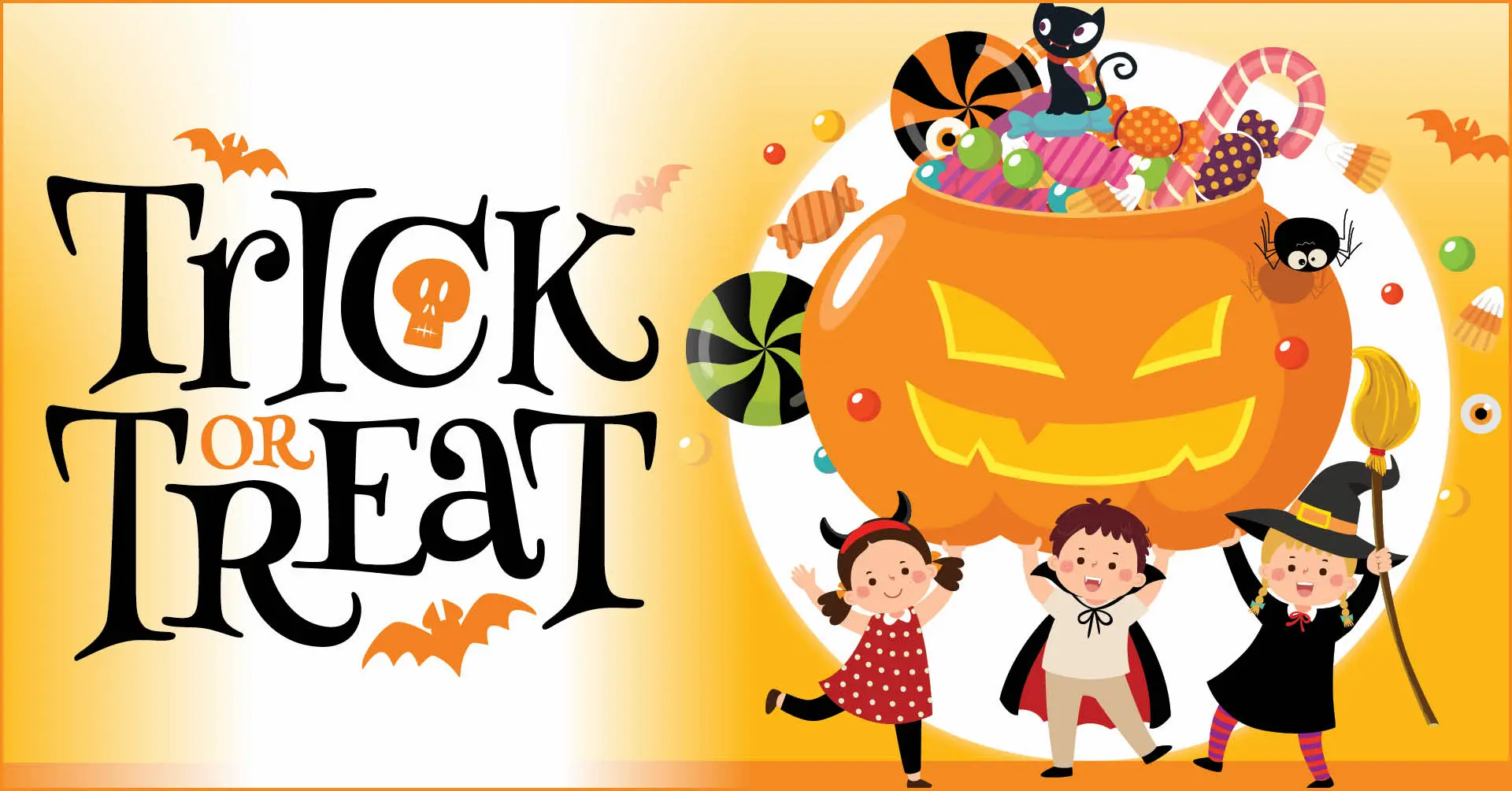 Halloween trick-or-treat illustration with pumpkin and costumed children