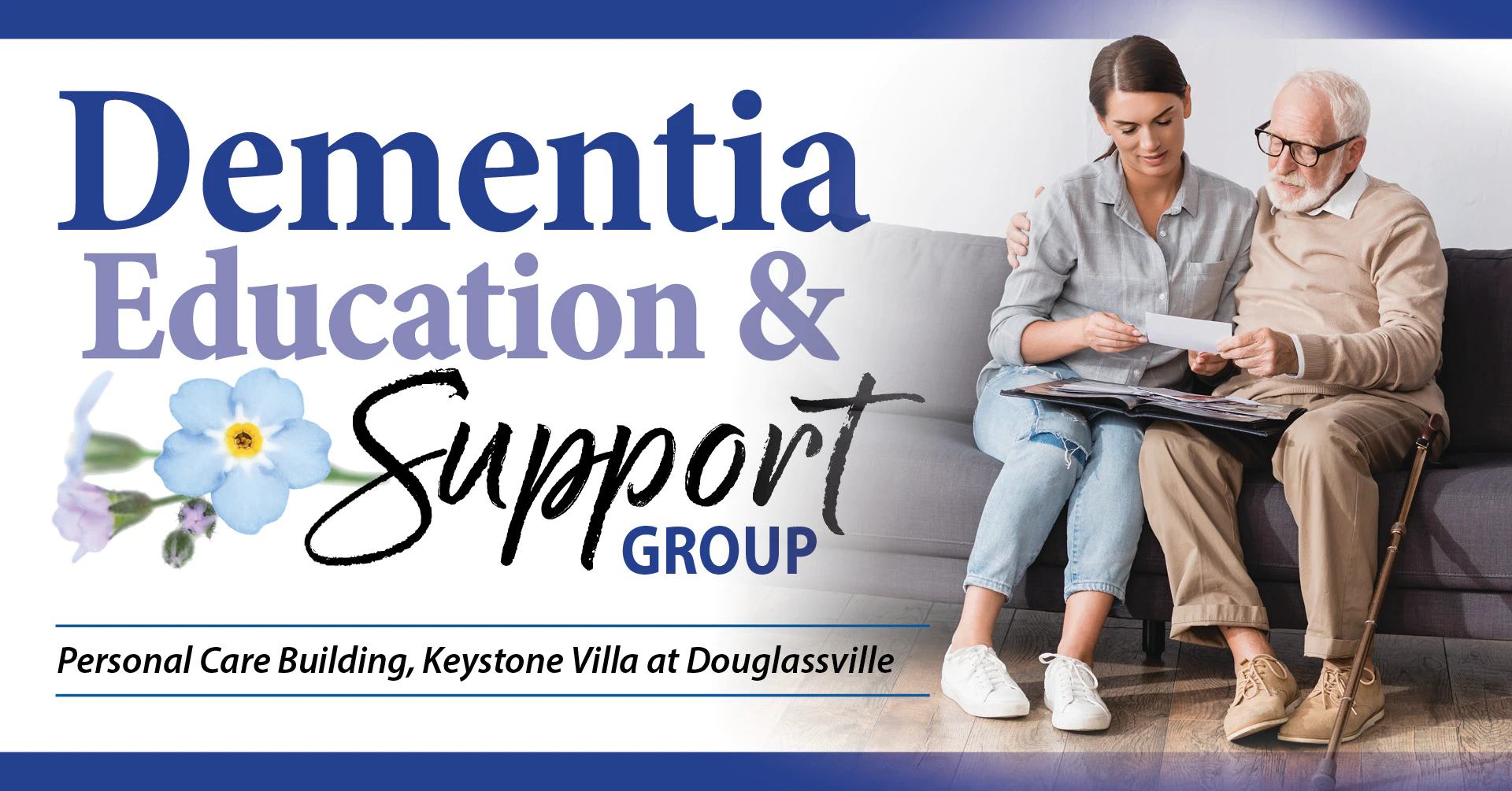 Dementia education and support group banner with caregivers