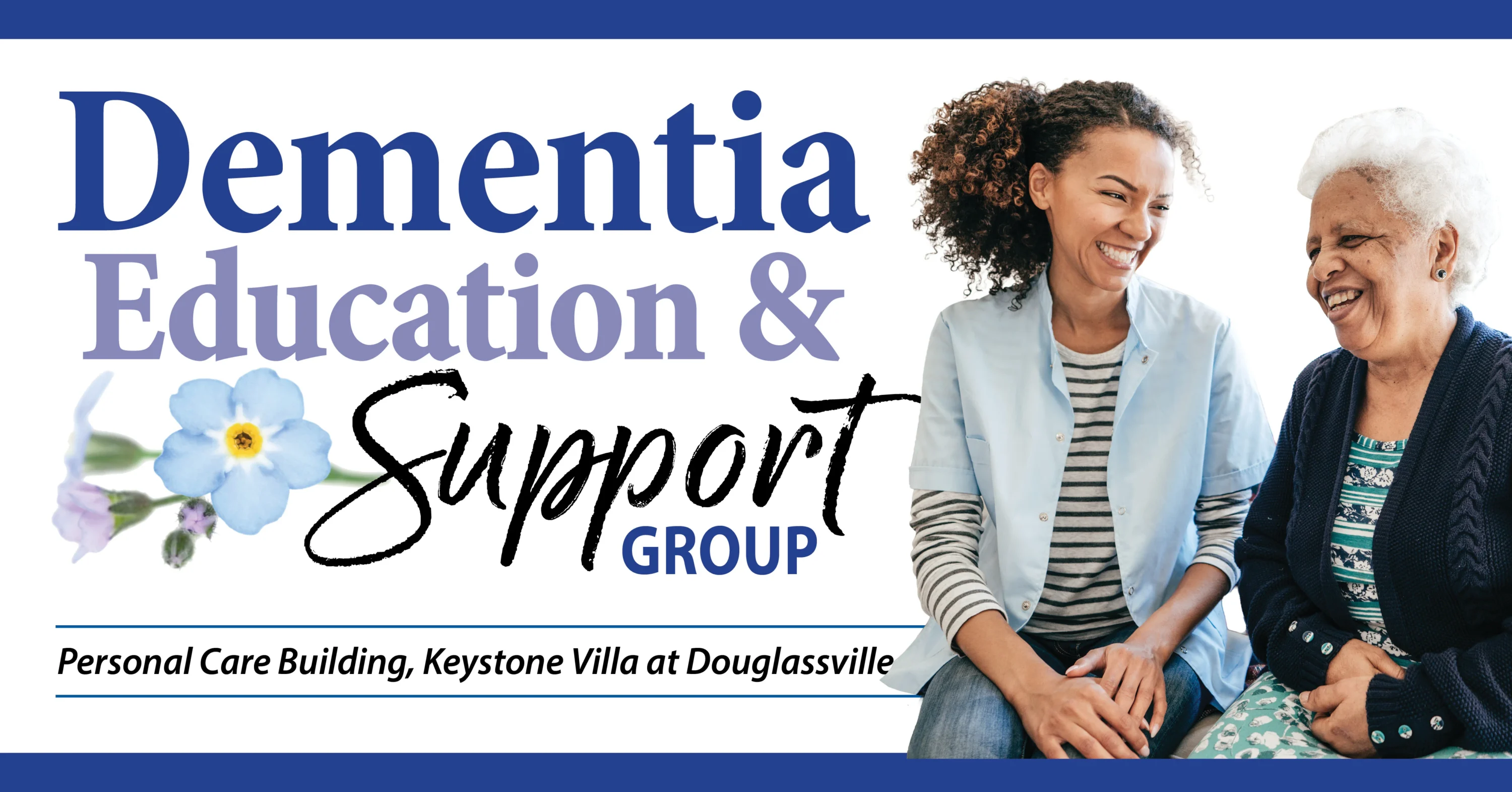 Caregiver and senior smiling at dementia support group