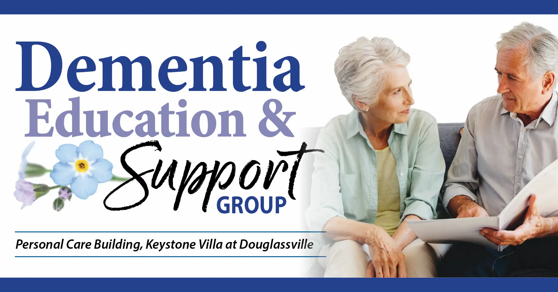 Dementia education support group flyer with older couple